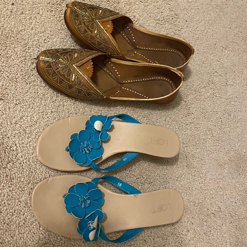 Punjabi jutti 6.5 Gold Embellished and LOFT Blue Floral Flats 6 Bundle